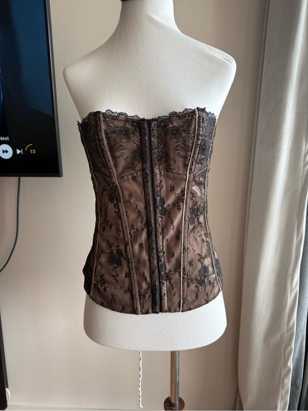 Strapless Black Lace Overlay Bustier in Brown